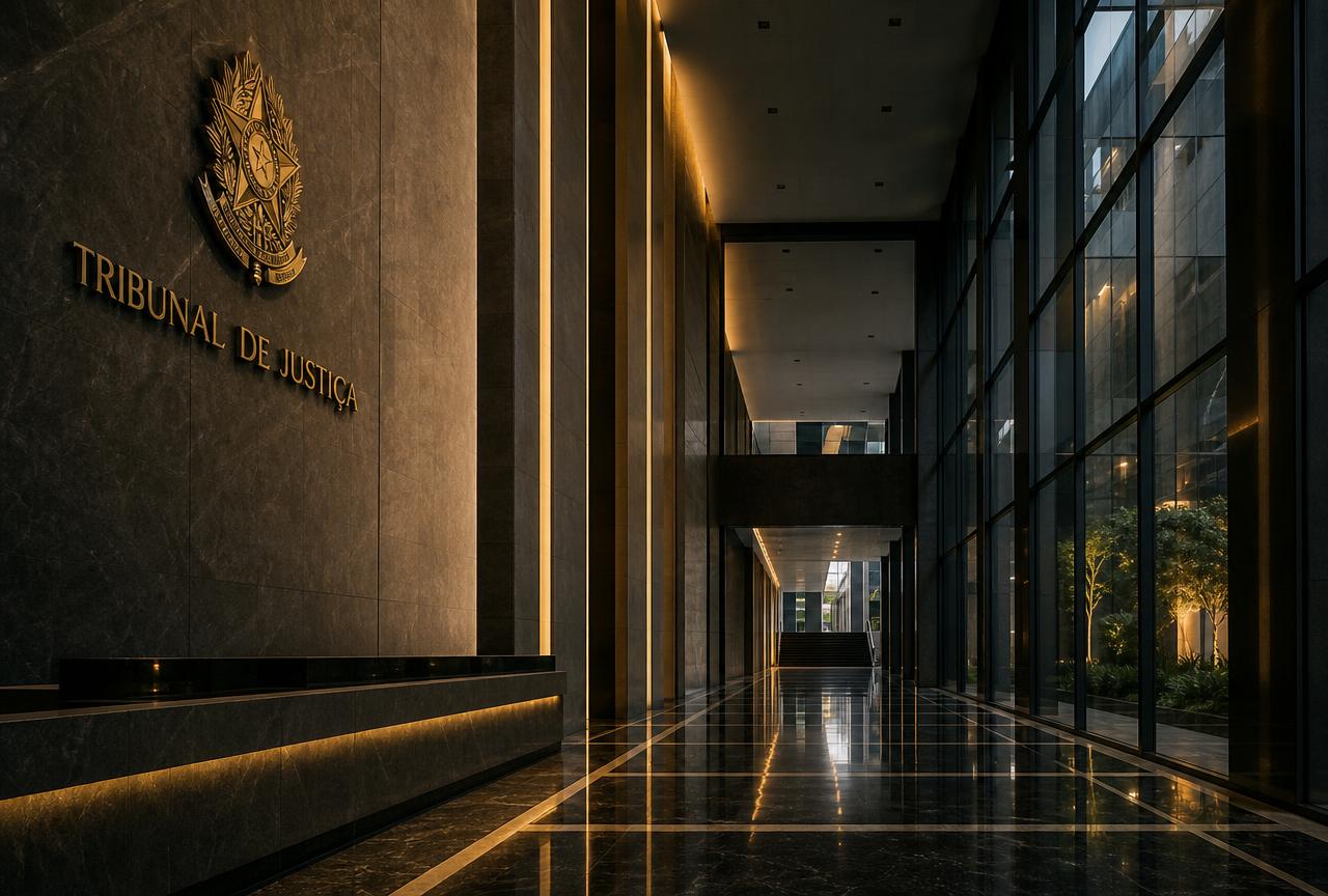 Hall de entrada do Tribunal de Justiça brasileiro, com brasão dourado e iluminação sóbria