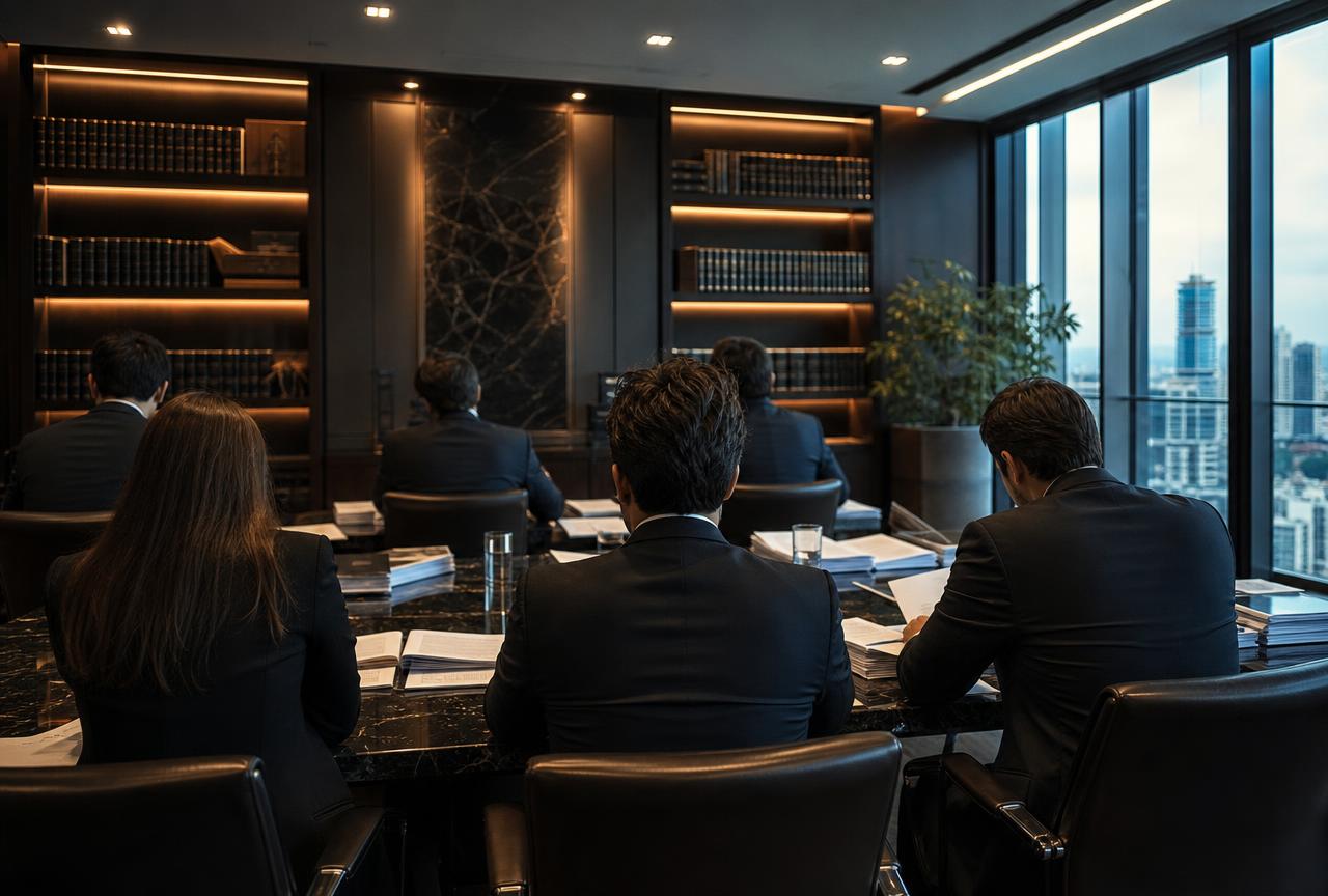 Equipe de advogados em reunião estratégica, vista de costas, em sala corporativa